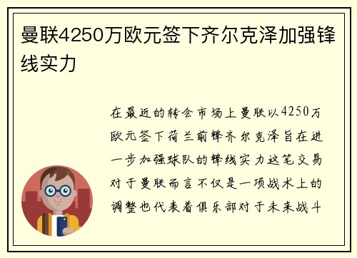 曼联4250万欧元签下齐尔克泽加强锋线实力