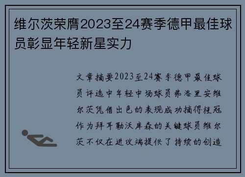 维尔茨荣膺2023至24赛季德甲最佳球员彰显年轻新星实力